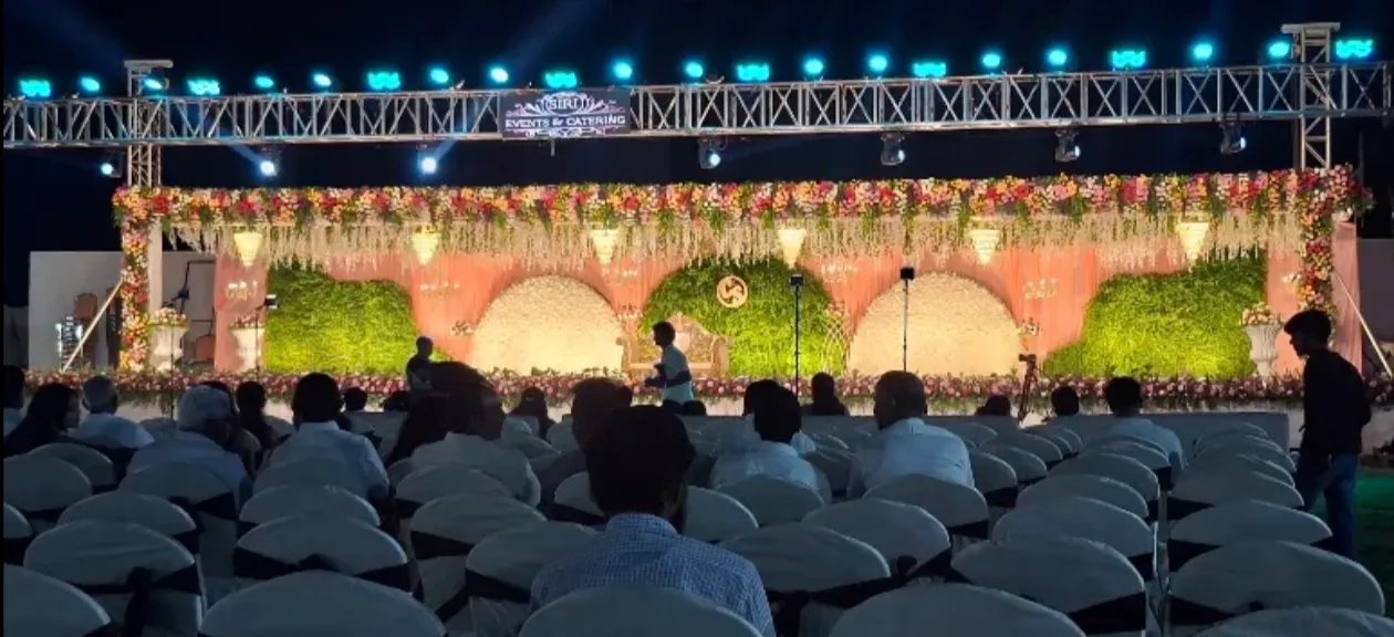 Grand convention hall wedding setup at Gala Convention near Hyderabad