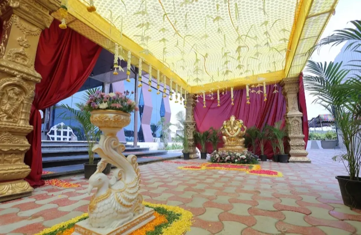 Grand convention hall wedding setup at Gala Convention near Hyderabad